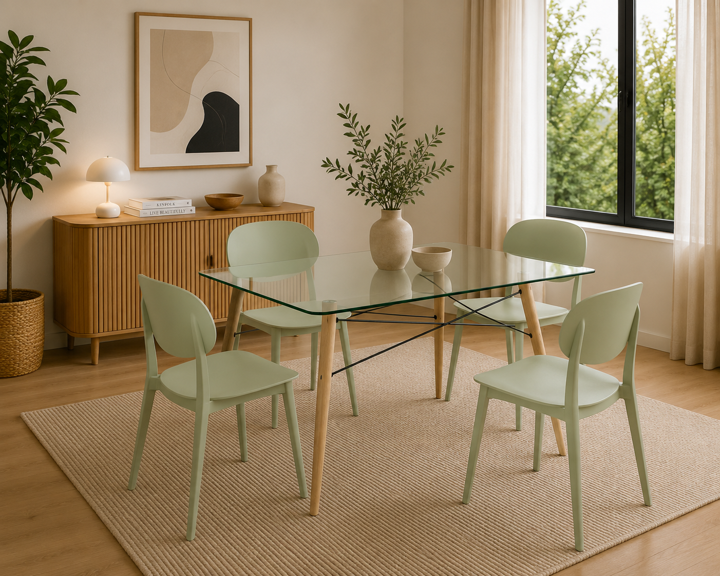 Comedor 4 personas mesa Eames Rea Cristal y 4 sillas Masa